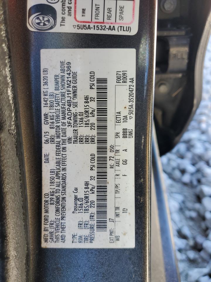 2015 Ford Fiesta VIN 3FADP4BJ1FM214369 Copart auction photo, water/flood damage thumbnail 12