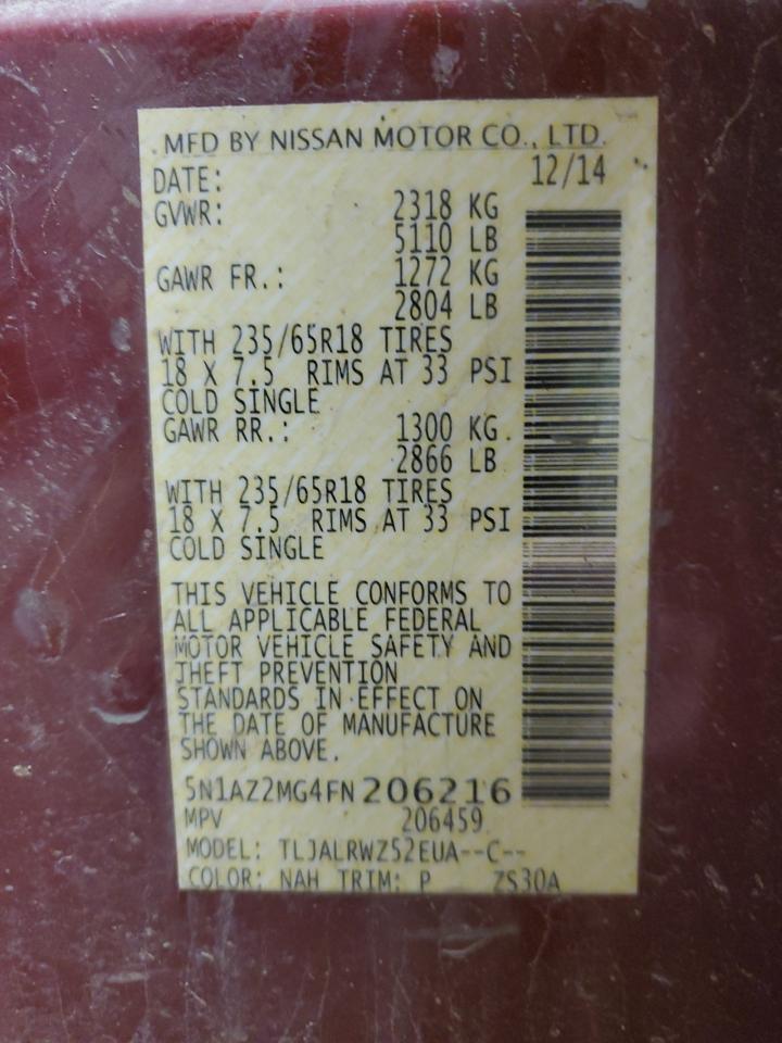 2015 Nissan Murano VIN 5N1AZ2MG4FN206216 Copart auction photo, front end damage thumbnail 14