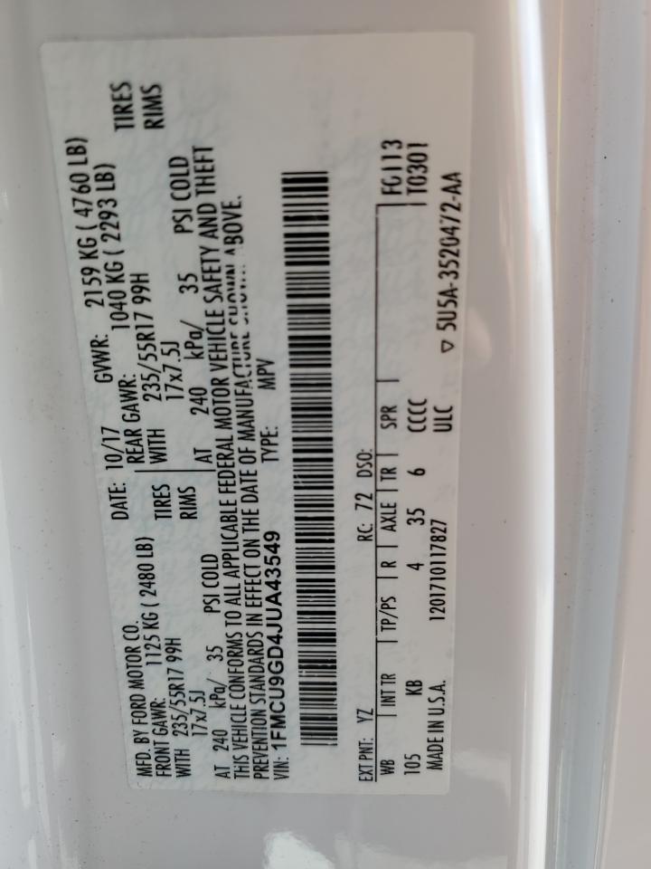 2018 Ford Escape VIN 1FMCU9GD4JUA43549 Copart auction photo, front end damage thumbnail 15