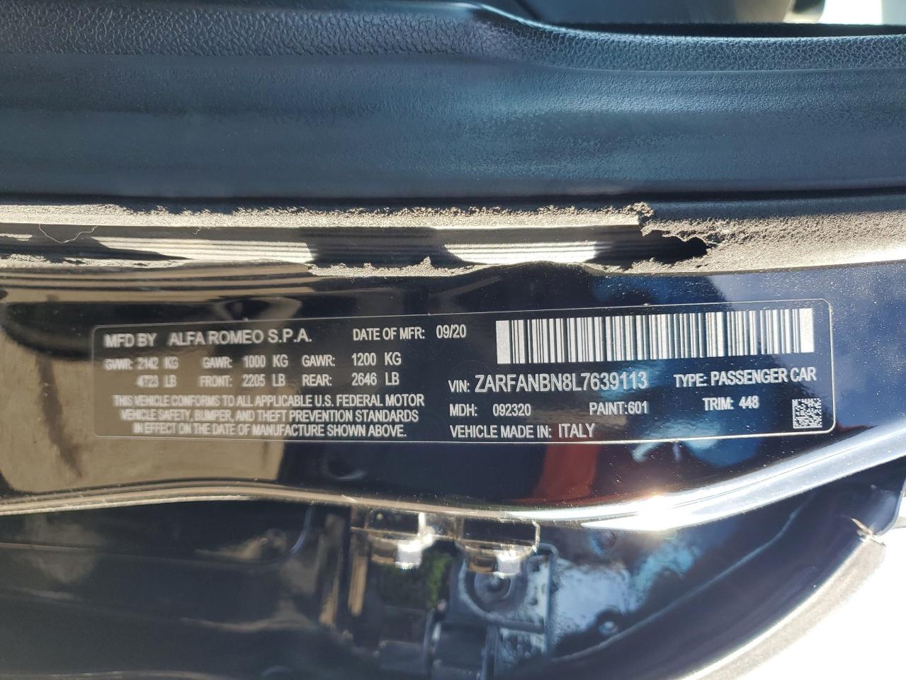 2020 Alfa Romeo Giulia VIN ZARFANBN8L7639113 Copart auction photo, front end / minor dent/scratches damage thumbnail 12