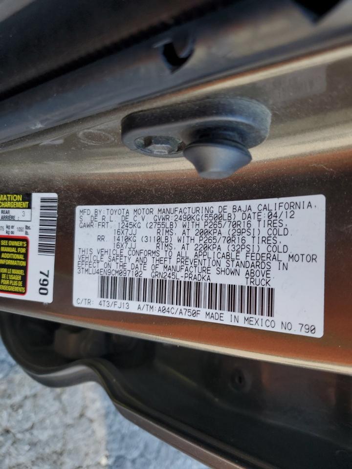 2012 Toyota Tacoma VIN 3TMLU4EN9CM097102 Copart auction photo, rollover damage thumbnail 12