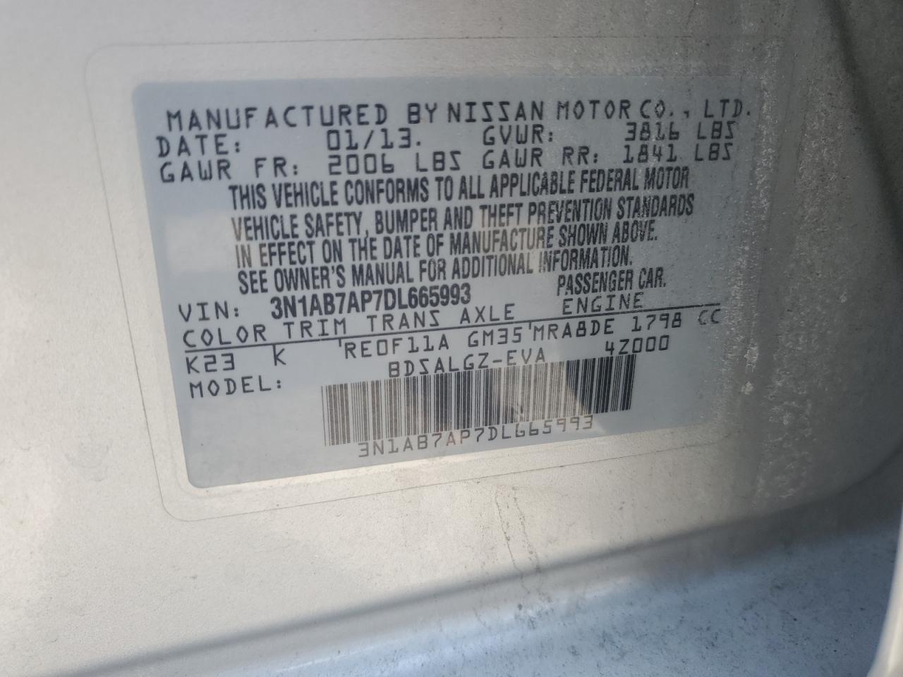 2013 Nissan Sentra VIN 3N1AB7AP7DL665993 Copart auction photo, side / minor dent/scratches damage thumbnail 12