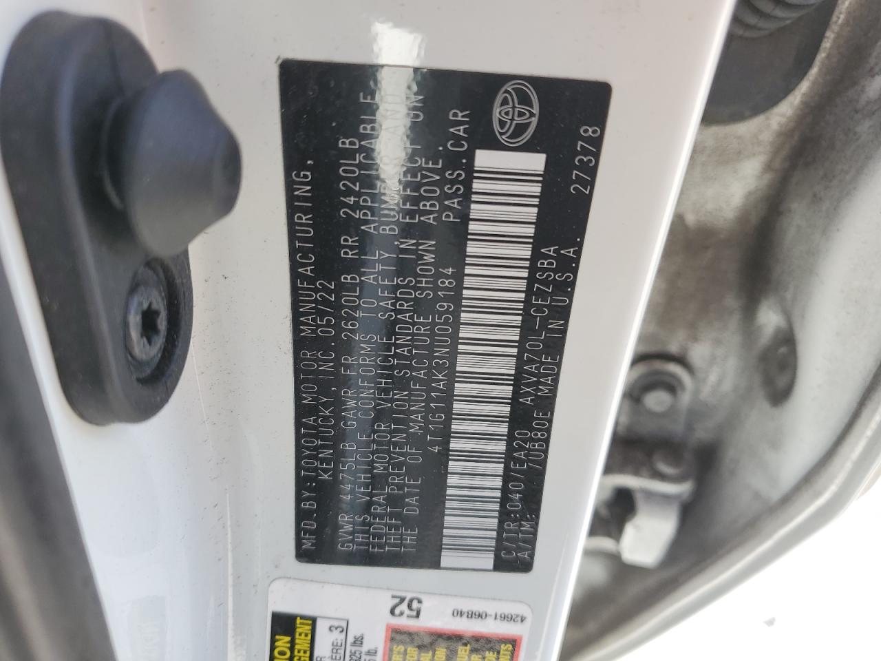 2022 Toyota Camry VIN 4T1G11AK3NU059184 Copart auction photo, front end damage thumbnail 14