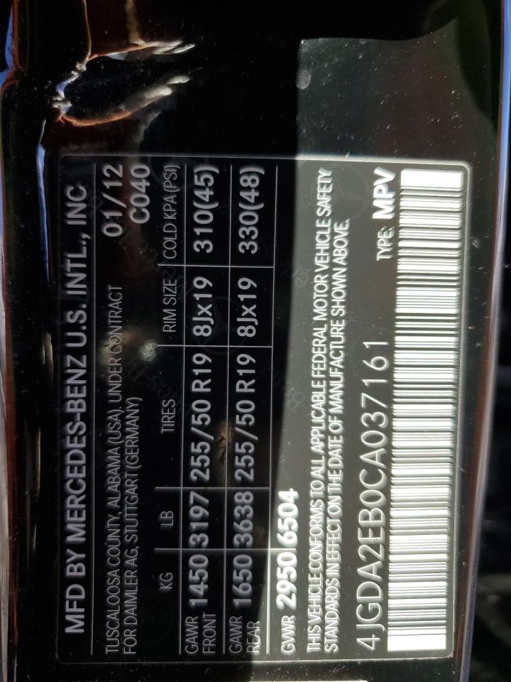 2012 Mercedes-Benz M-klasse VIN 4JGDA2EB0CA037161 Copart auction photo, mechanical damage thumbnail 13