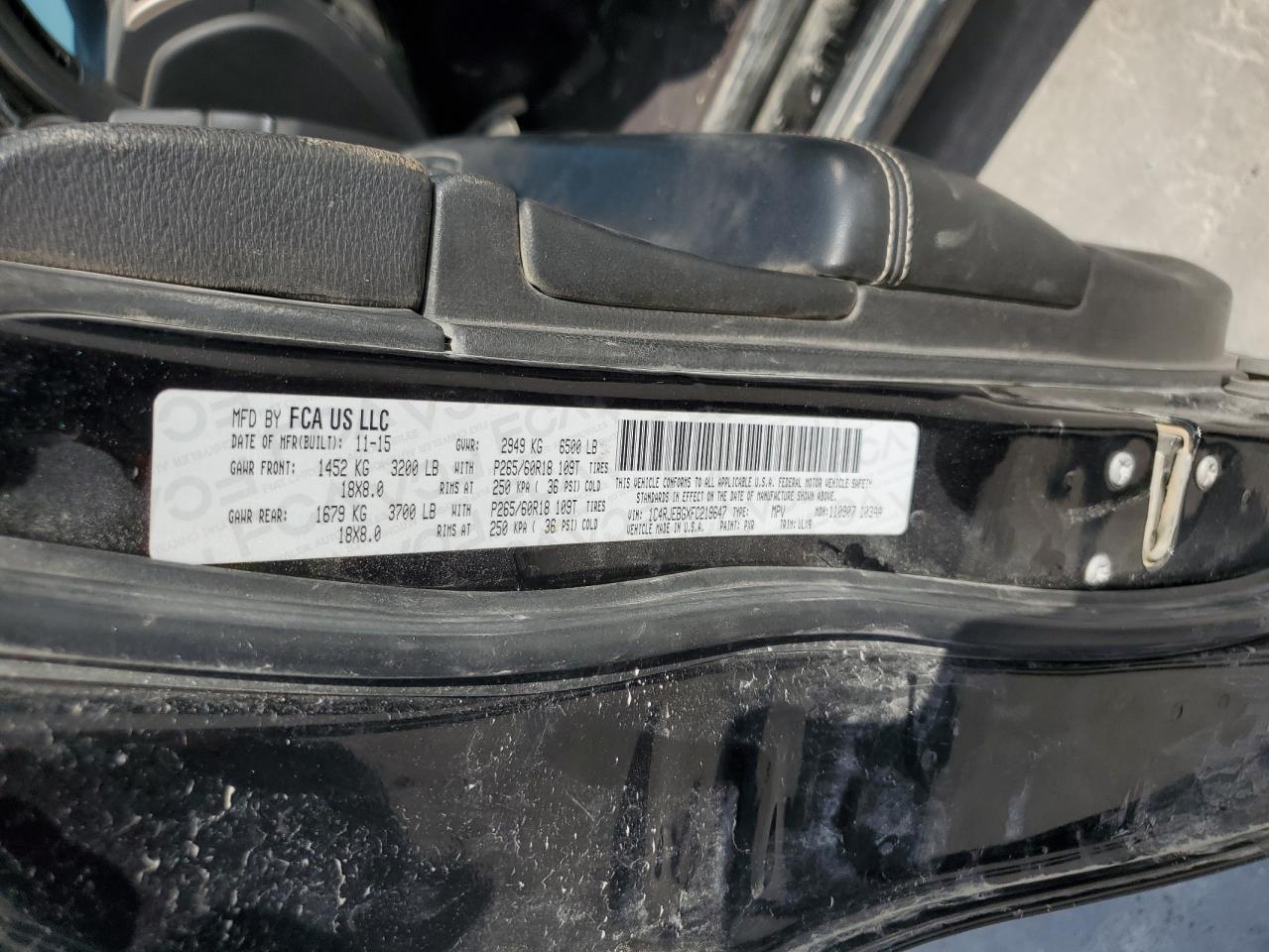 2015 Jeep Grand Cherokee VIN 1C4RJEBGXFC219647 Copart auction photo, all over damage thumbnail 13