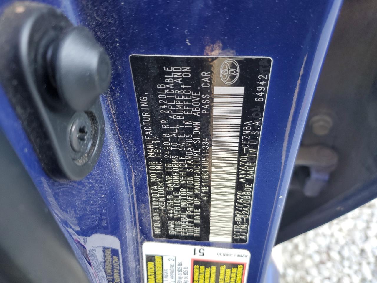 2018 Toyota Camry VIN 4T1B11HK1JU514334 Copart auction photo, rear end / front end damage thumbnail 12