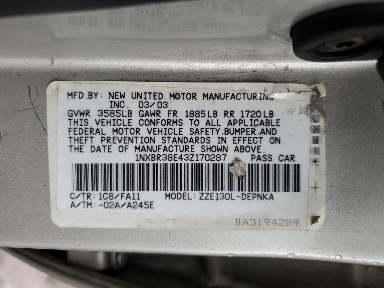 2003 Toyota Corolla VIN 1NXBR38E43Z170287 Copart auction photo, front end / side damage thumbnail 14