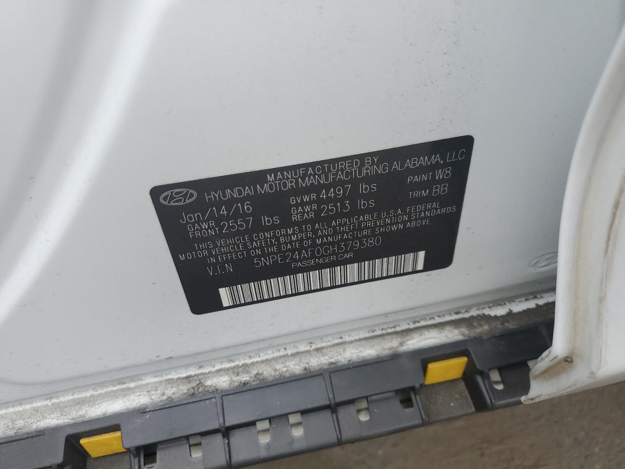 2016 Hyundai Sonata VIN 5NPE24AF0GH379380 Copart auction photo, front end / side damage thumbnail 13