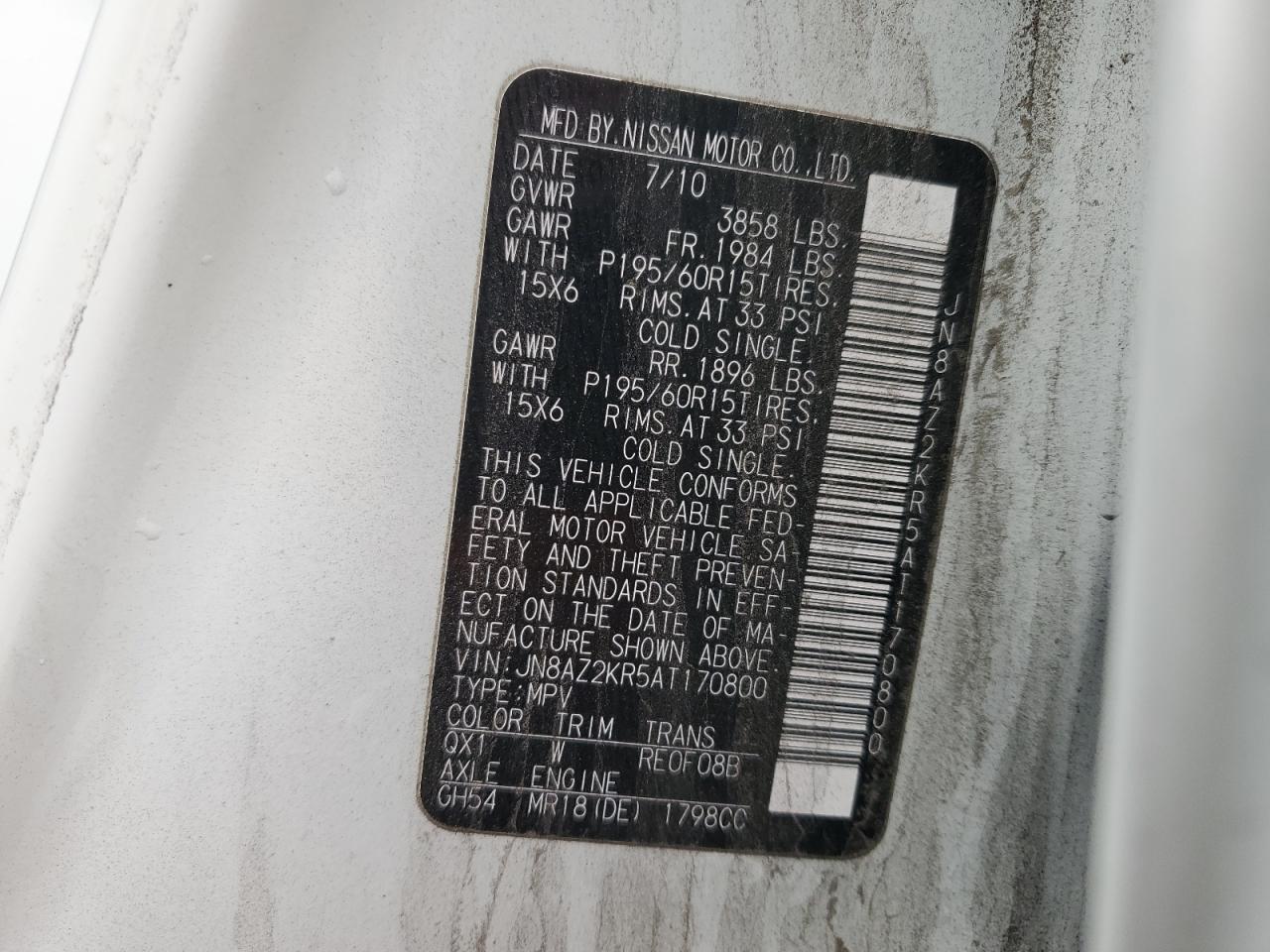 2010 Nissan Cube VIN JN8AZ2KR5AT170800 Copart auction photo, front end / side damage thumbnail 14