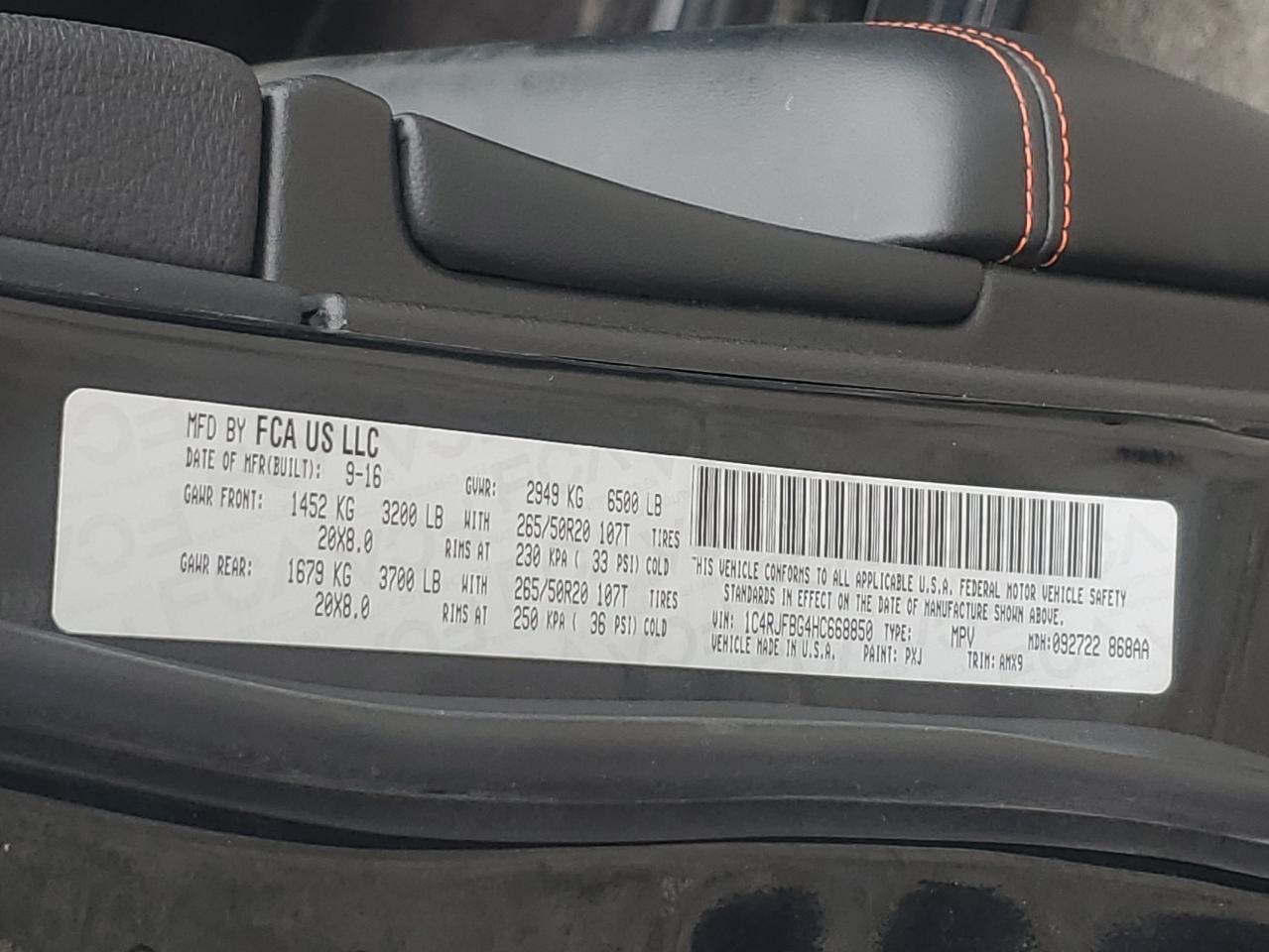 2017 Jeep Grand Cherokee VIN 1C4RJFBG4HC668850 Copart auction photo, front end / rear end damage thumbnail 14