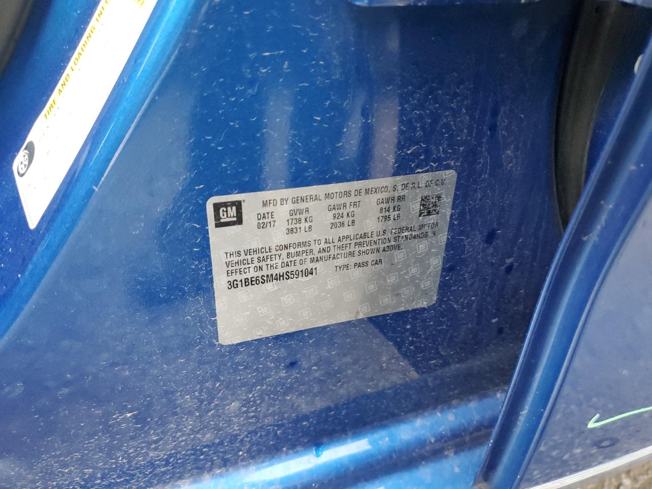 2017 Chevrolet Cruze VIN 3G1BE6SM4HS591041 Copart auction photo, front end / minor dent/scratches damage thumbnail 13
