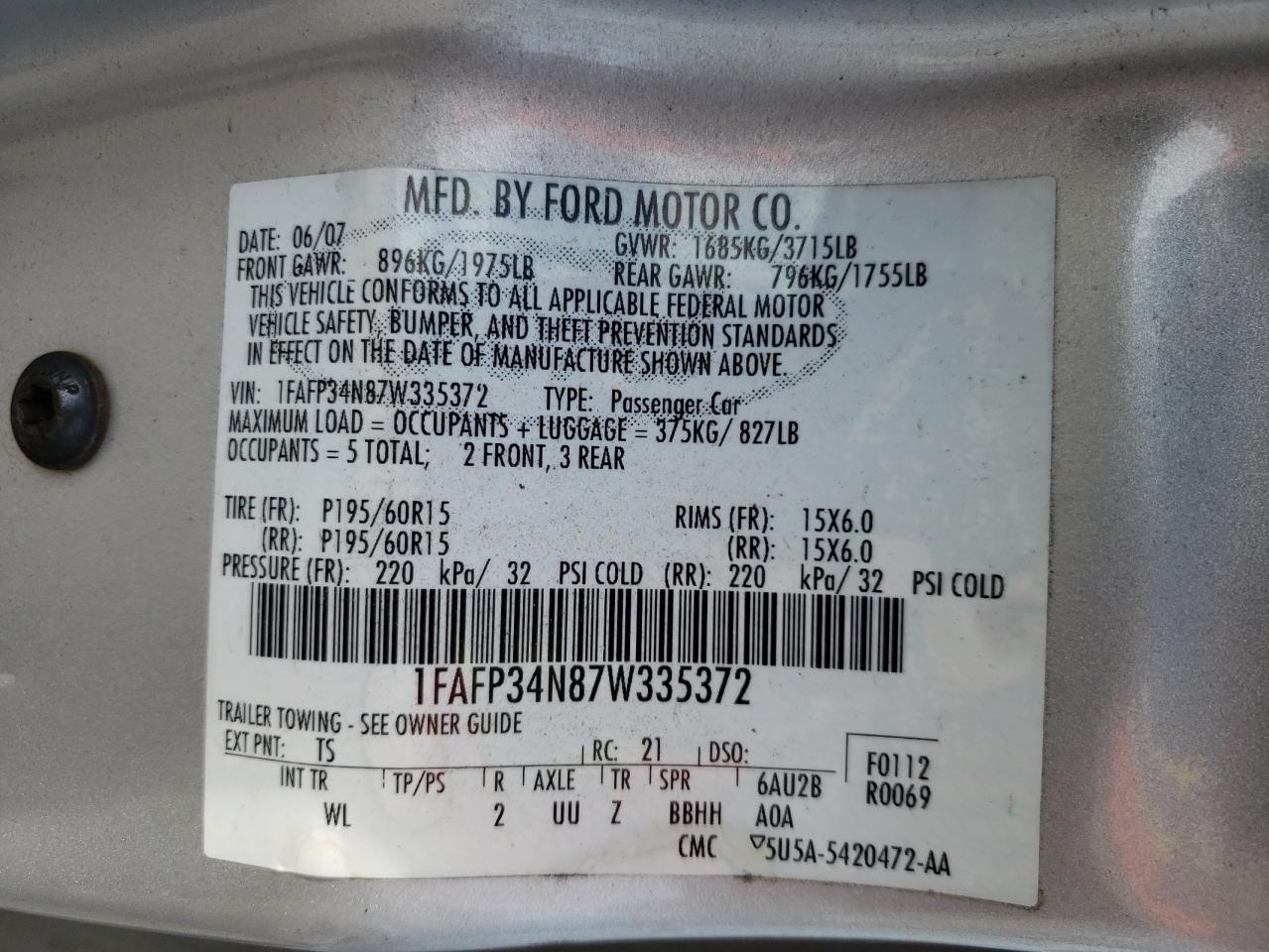 2007 Ford Focus VIN 1FAFP34N87W335372 Copart auction photo, front end damage thumbnail 12