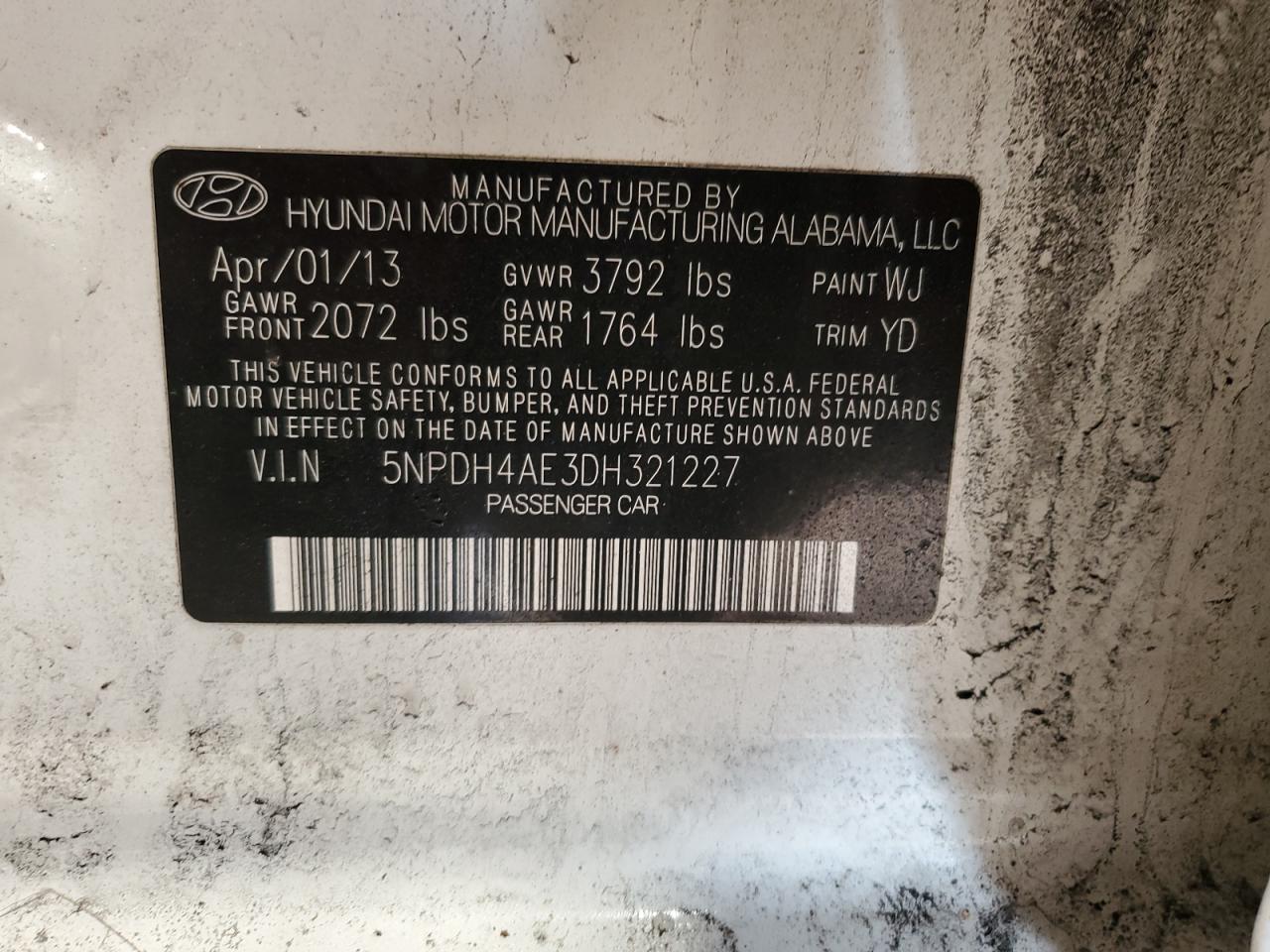2013 Hyundai Elantra VIN 5NPDH4AE3DH321227 Copart auction photo, front end damage thumbnail 14