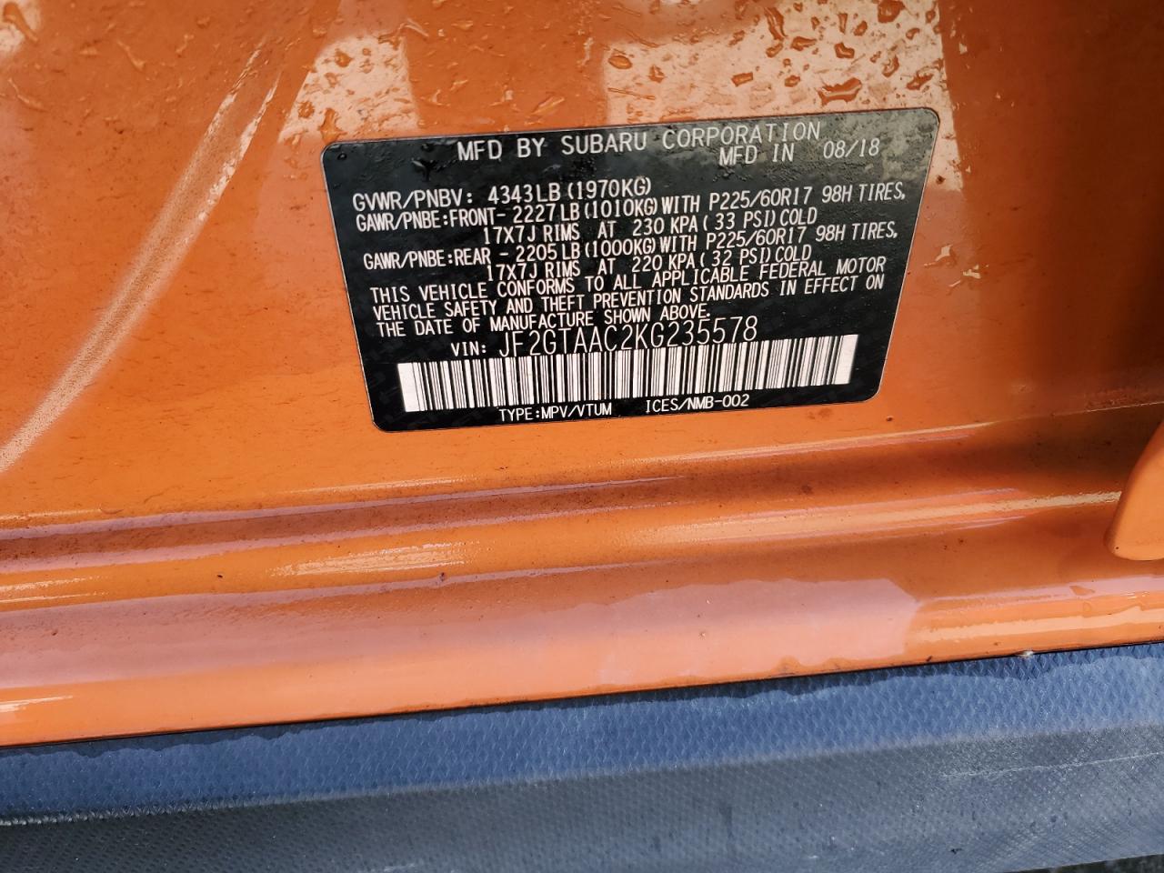 2019 Subaru XV VIN JF2GTAAC2KG235578 Copart auction photo, all over damage thumbnail 12