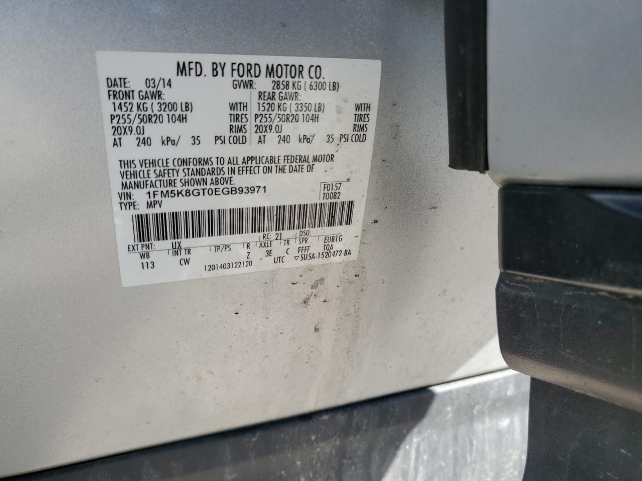 2014 Ford Explorer VIN 1FM5K8GT0EGB93971 Copart auction photo, side damage thumbnail 16