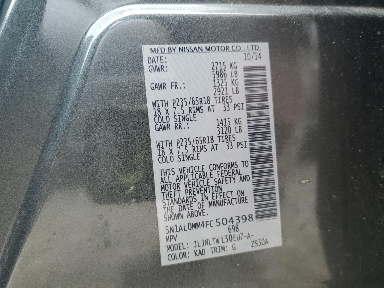 2015 Infiniti QX60 VIN 5N1AL0MM4FC504398 Copart auction photo, front end / minor dent/scratches damage thumbnail 14