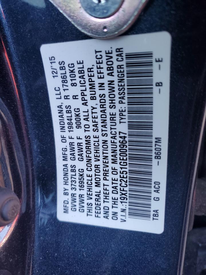 2016 Honda Civic VIN 19XFC2E51GE009647 Copart auction photo, front end / minor dent/scratches damage thumbnail 12