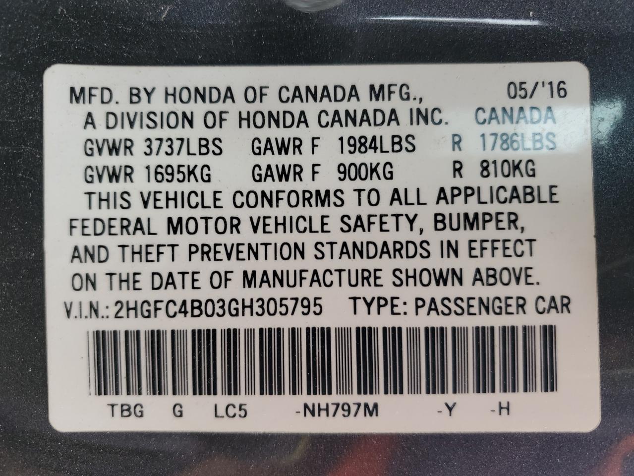 2016 Honda Civic VIN 2HGFC4B03GH305795 Copart auction photo, all over damage thumbnail 13