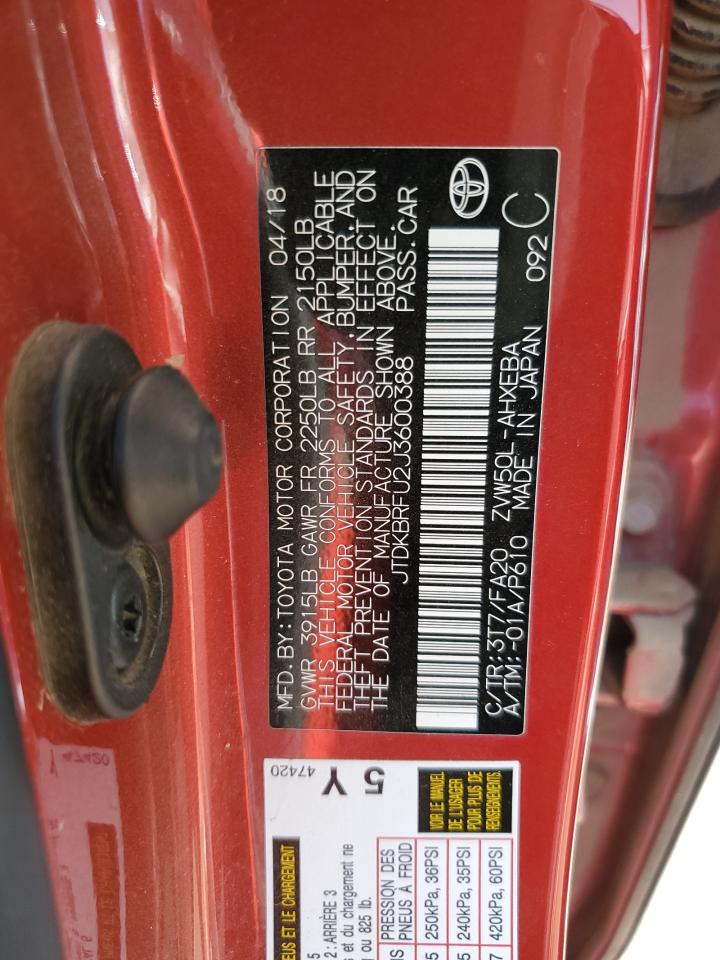 2018 Toyota Prius VIN JTDKBRFU2J3600388 Copart auction photo, rear end / hail damage thumbnail 14