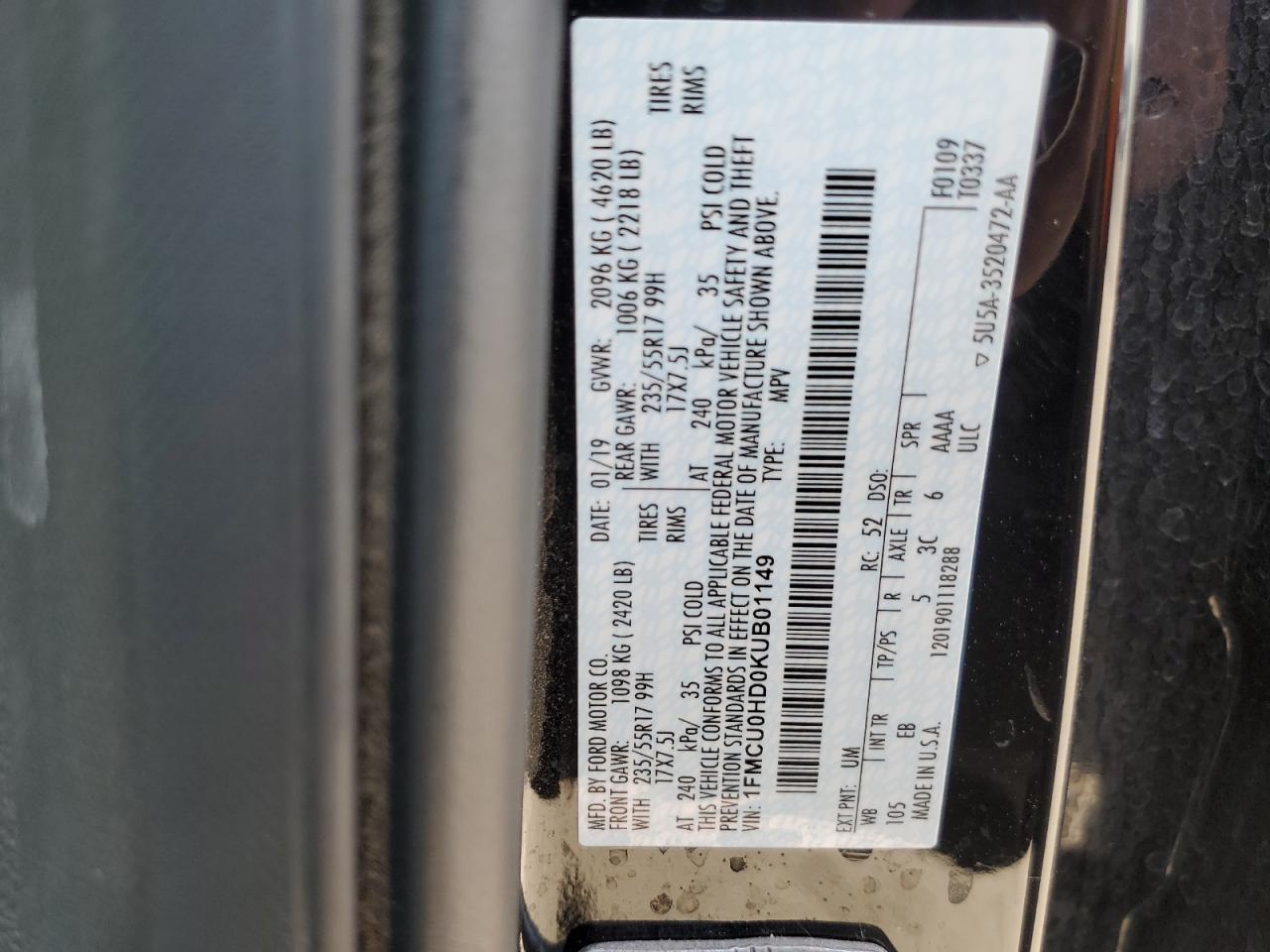 2019 Ford Escape VIN 1FMCU0HD0KUB01149 Copart auction photo, front end / mechanical damage thumbnail 13