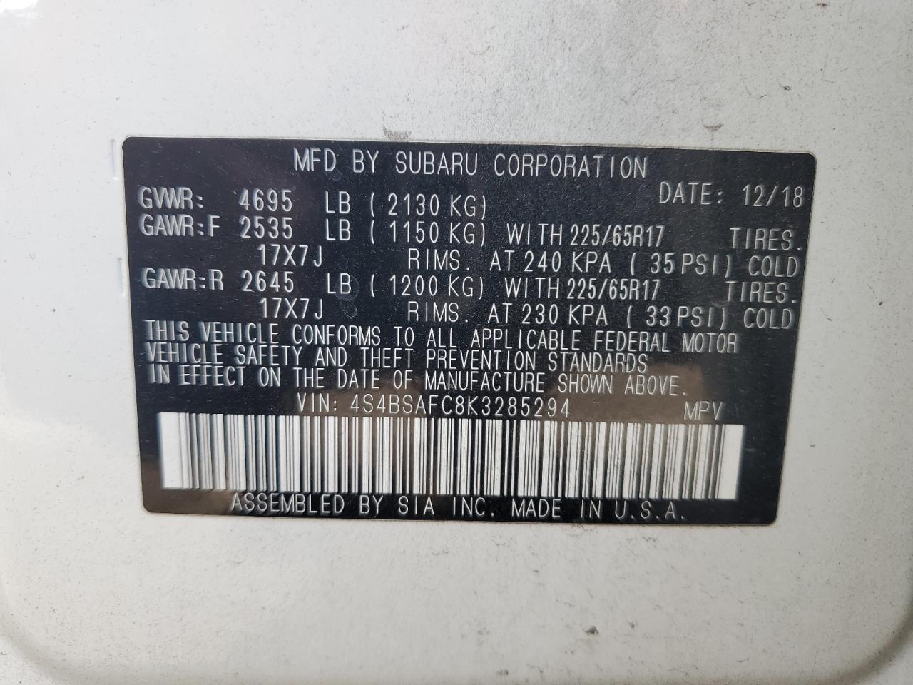 2019 Subaru Outback VIN 4S4BSAFC8K3285294 Copart auction photo, rollover damage thumbnail 14