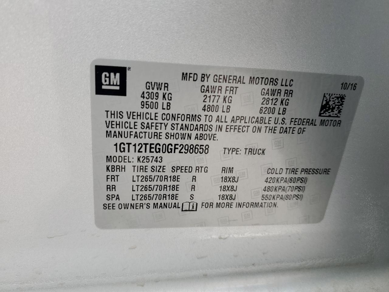 2016 GMC Sierra VIN 1GT12TEG0GF298658 Copart auction photo, front end / side damage thumbnail 13