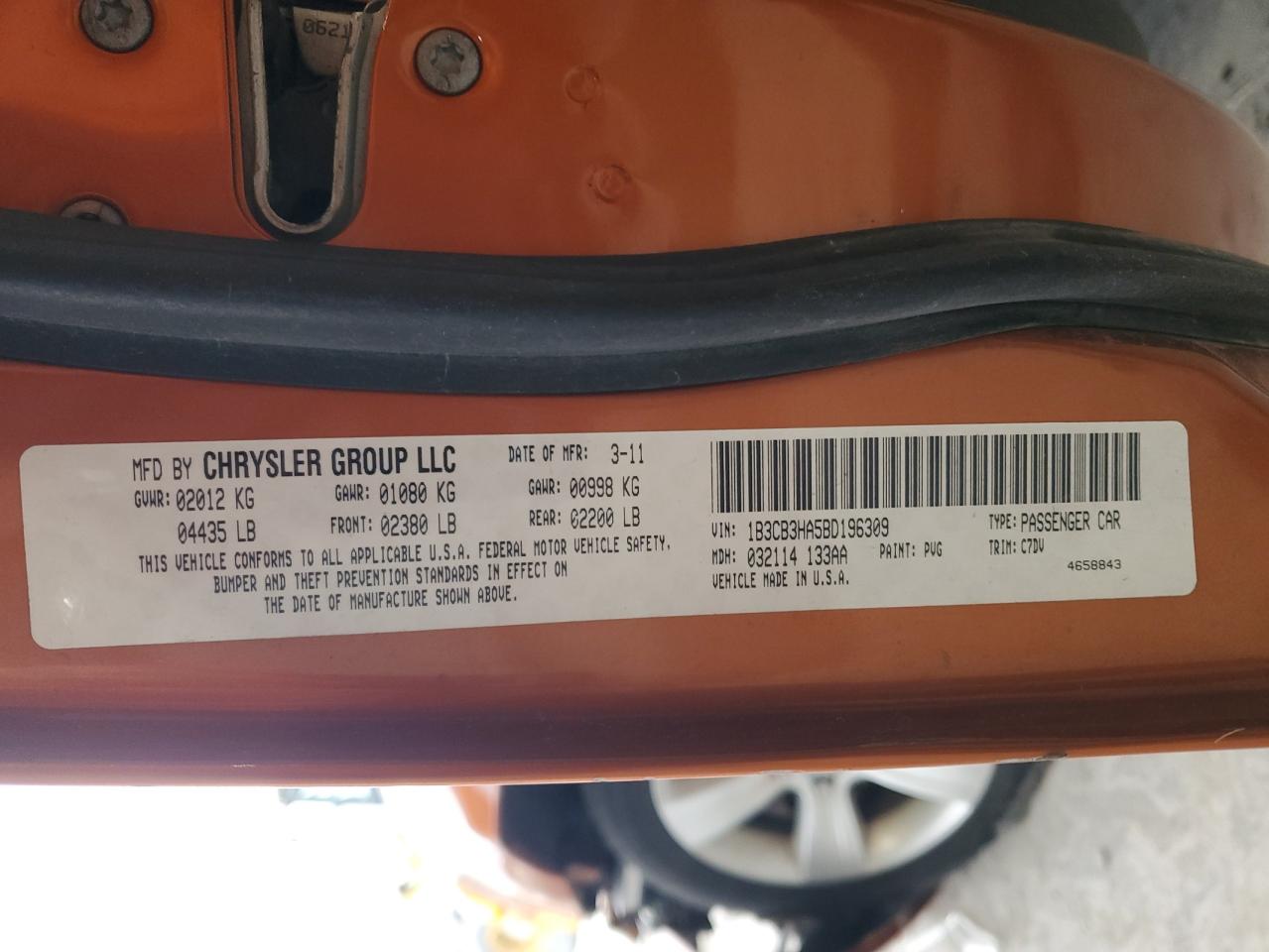 2011 Dodge Caliber VIN 1B3CB3HA5BD196309 Copart auction photo, front end damage thumbnail 12