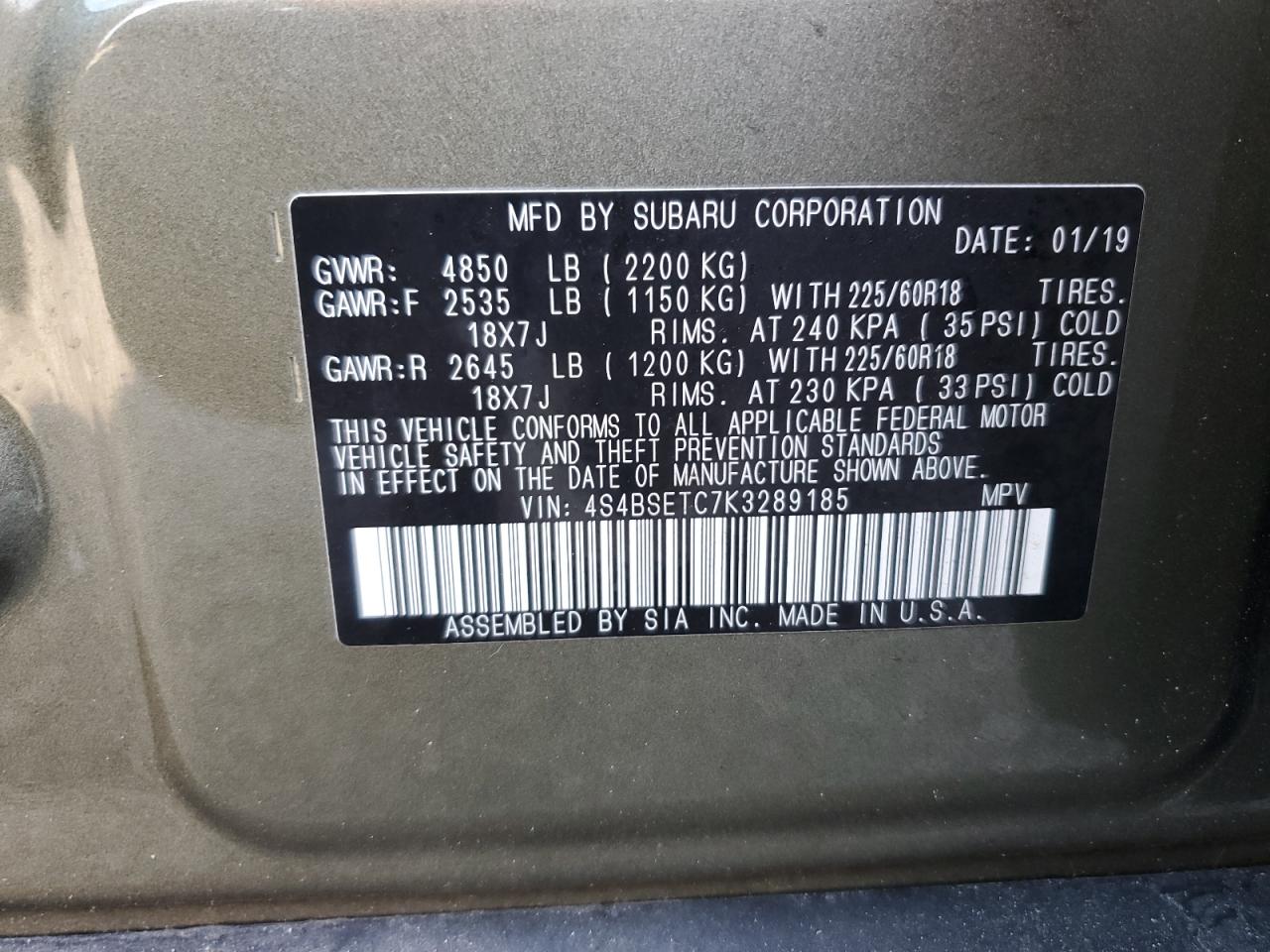 2019 Subaru Outback VIN 4S4BSETC7K3289185 Copart auction photo, front end damage thumbnail 14