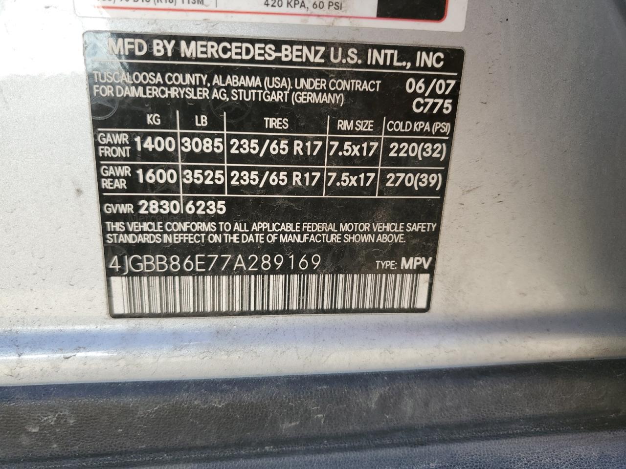 2007 Mercedes-Benz M-klasse VIN 4JGBB86E77A289169 Copart auction photo, rear end damage thumbnail 13