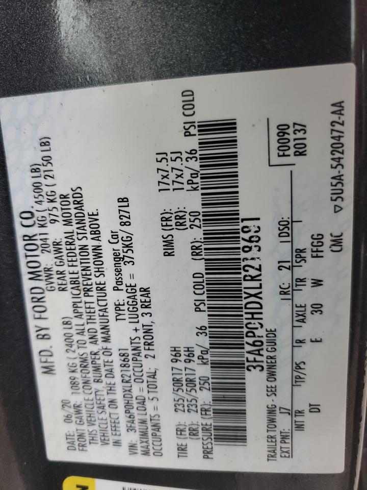 2020 Ford Fusion VIN 3FA6P0HDXLR218681 Copart auction photo, rear end damage thumbnail 15
