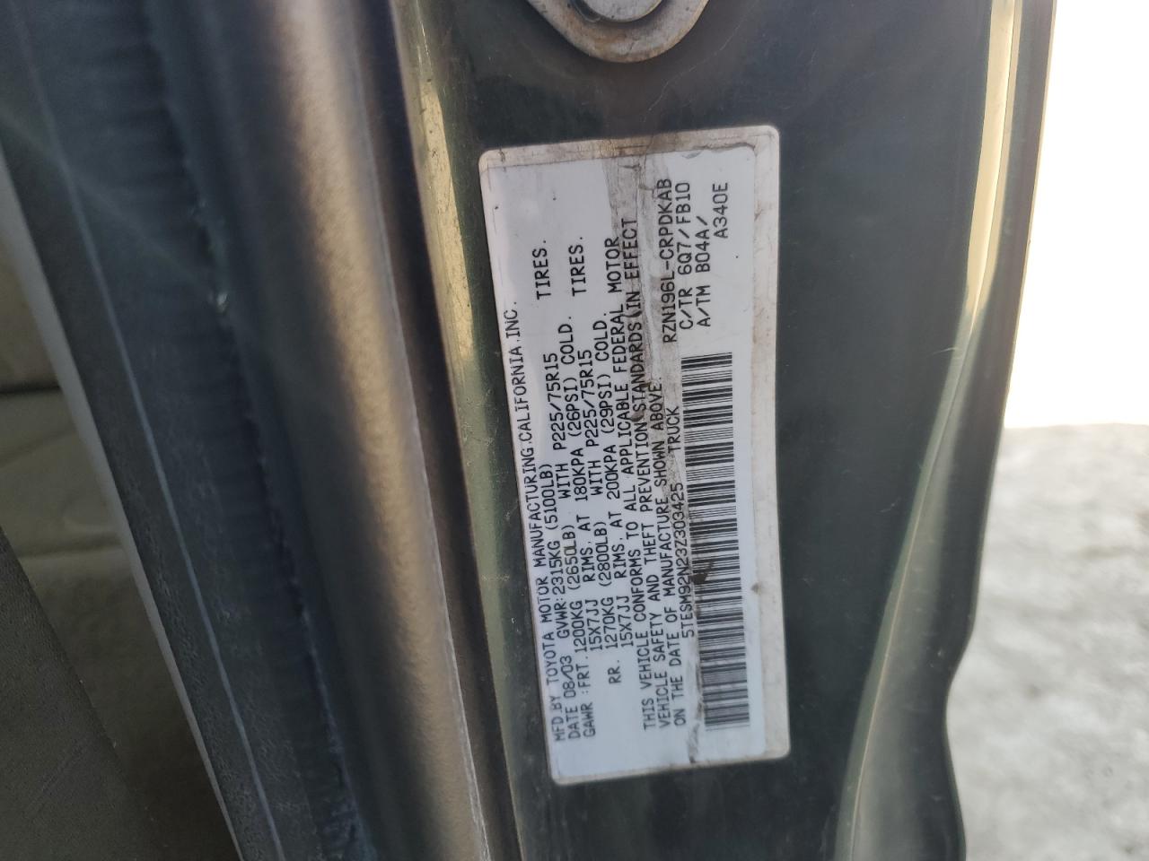 2003 Toyota Tacoma VIN 5TESM92N23Z303425 Copart auction photo, front end damage thumbnail 15