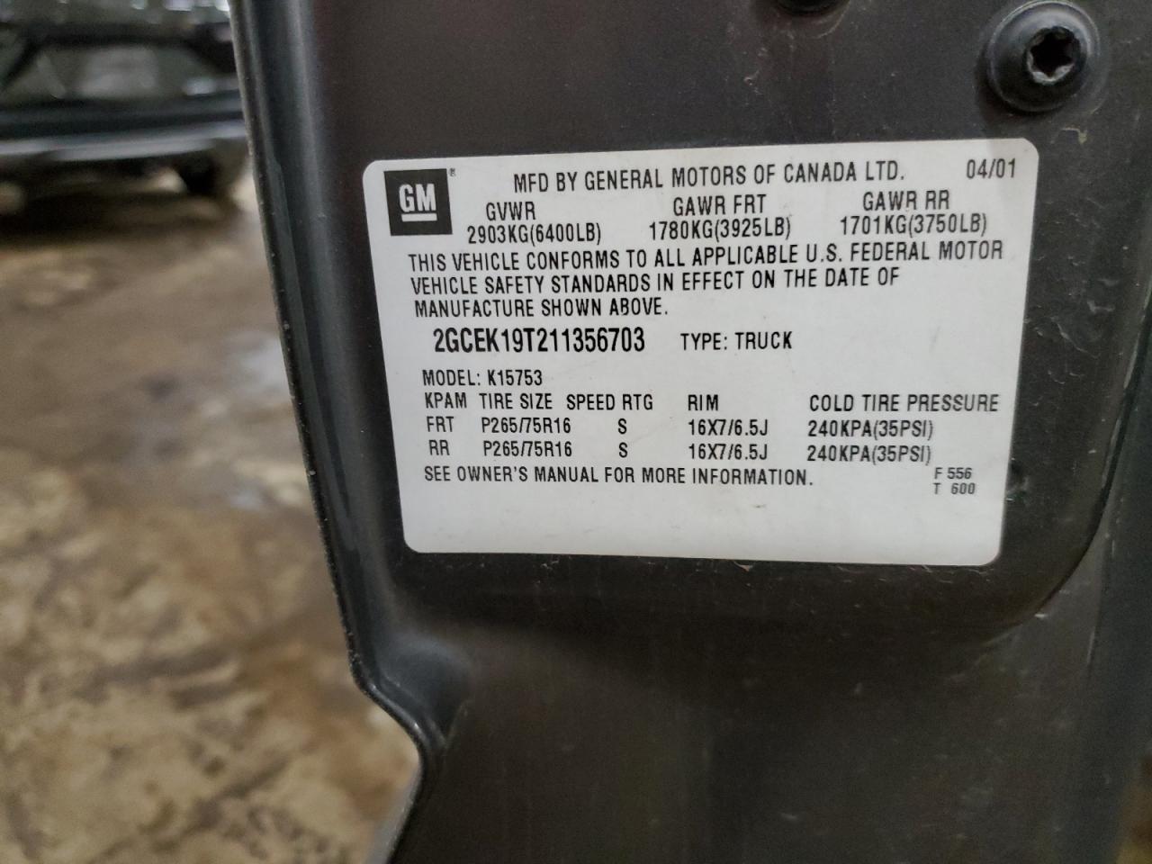 2001 Chevrolet Silverado VIN 2GCEK19T211356703 Copart auction photo, mechanical damage thumbnail 12