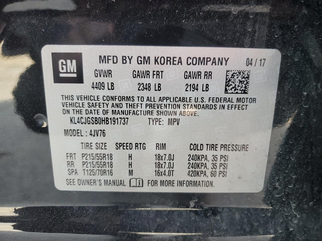 2017 Buick Encore VIN KL4CJGSB0HB191737 Copart auction photo, front end / side damage thumbnail 15