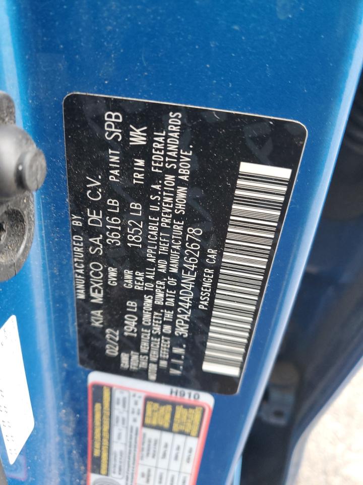 2022 KIA Rio VIN 3KPA24AD4NE462678 Copart auction photo, side / front end damage thumbnail 12