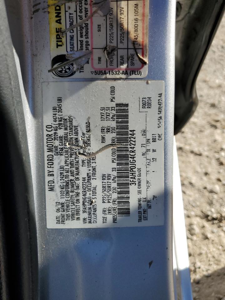 2012 Ford Fusion VIN 3FAHP0JG4CR422244 Copart auction photo, front end damage thumbnail 13