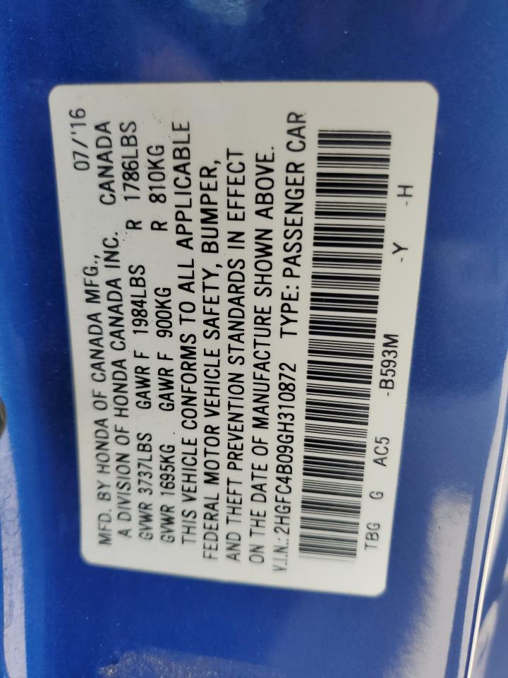 2016 Honda Civic VIN 2HGFC4B09GH310872 Copart auction photo, front end damage thumbnail 14