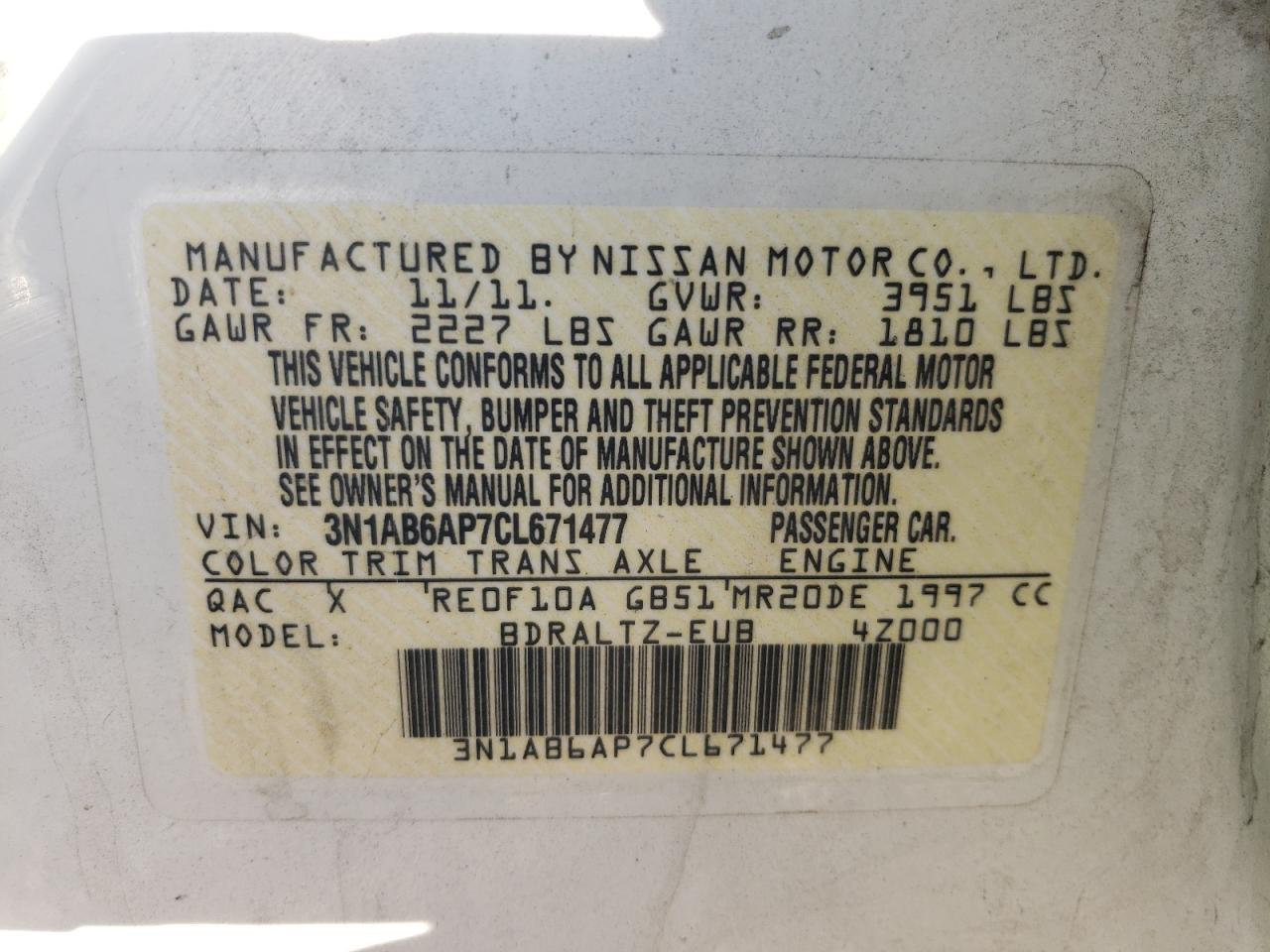 2012 Nissan Sentra VIN 3N1AB6AP7CL671477 Copart auction photo, front end damage thumbnail 15