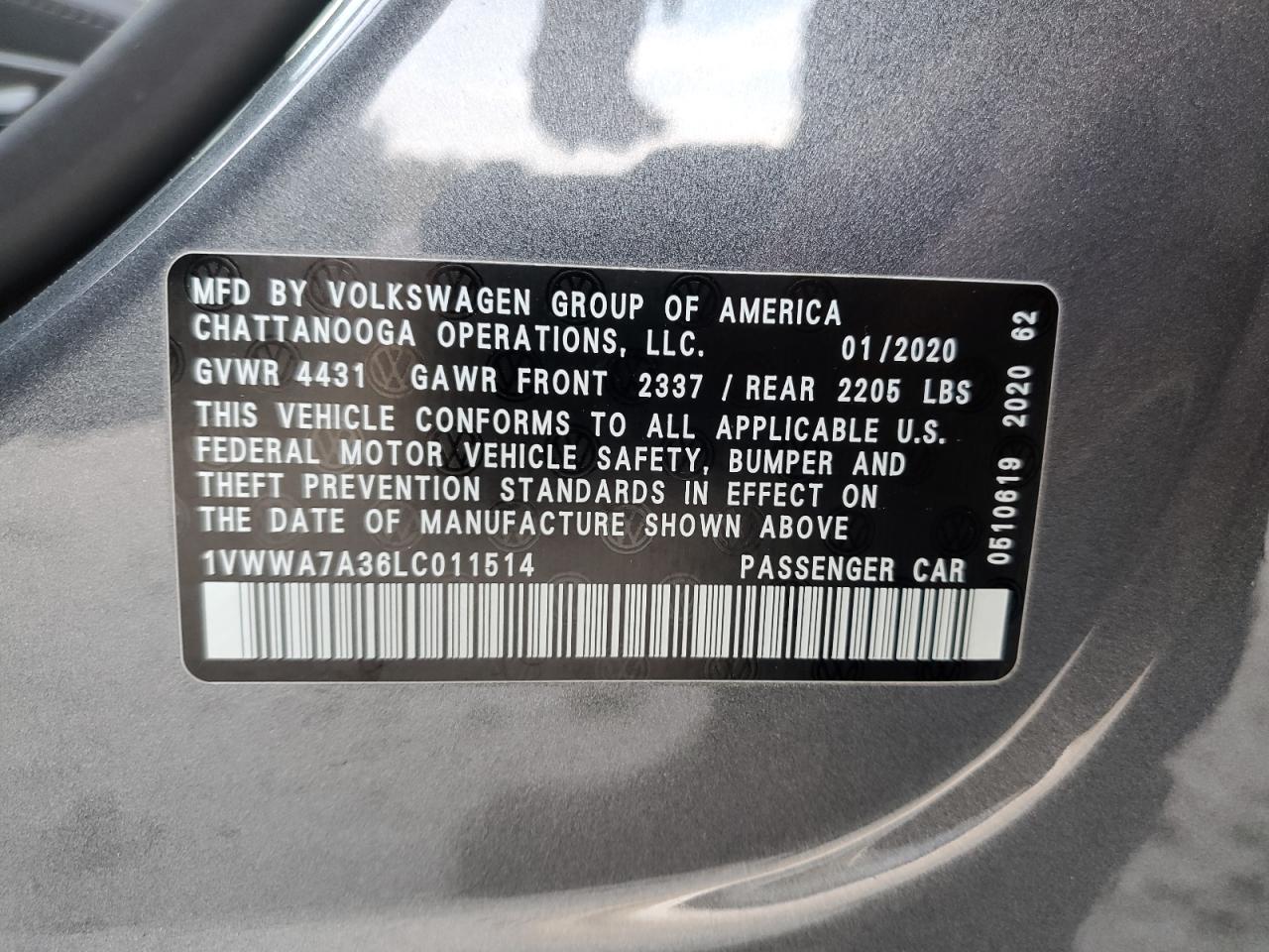 2020 Volkswagen Passat VIN 1VWWA7A36LC011514 Copart auction photo, front end damage thumbnail 12