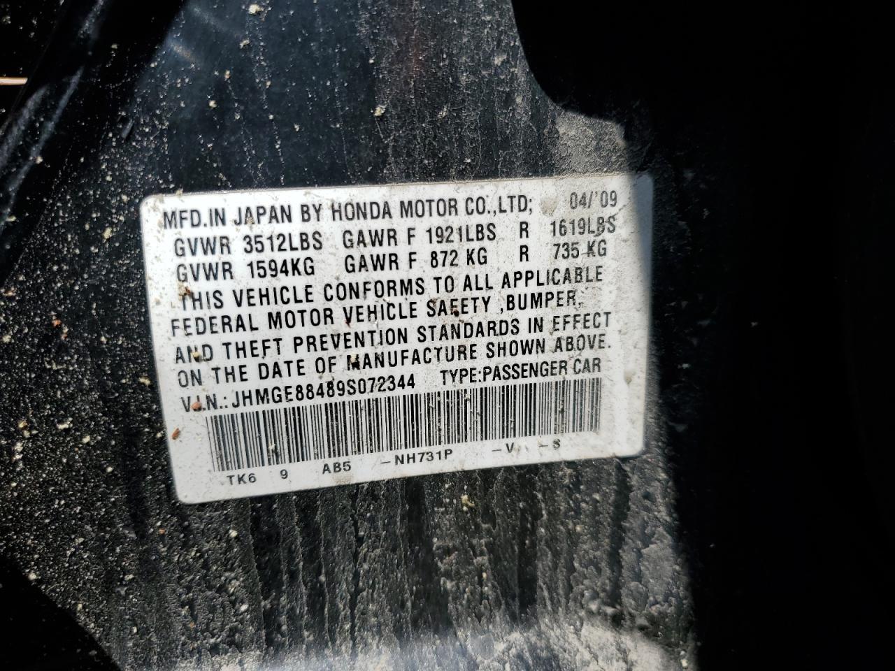 2009 Honda Fit VIN JHMGE88489S072344 Copart auction photo, water/flood / all over damage thumbnail 12