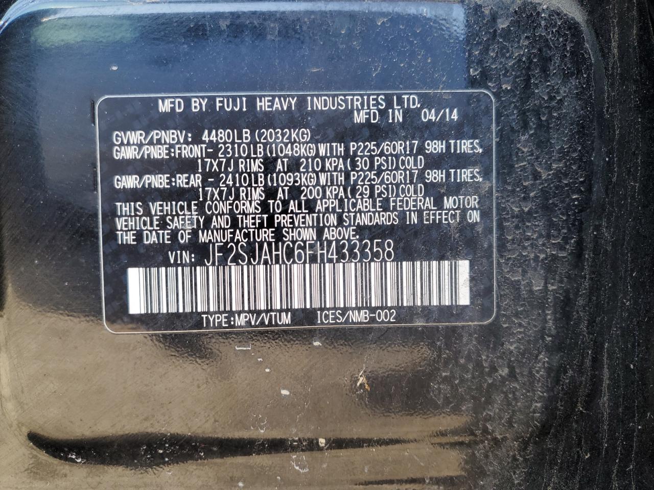 2015 Subaru Forester VIN JF2SJAHC6FH433358 Copart auction photo, front end / minor dent/scratches damage thumbnail 13