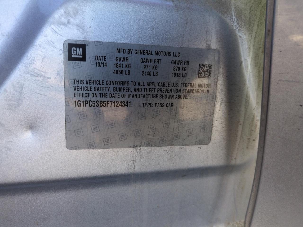 2015 Chevrolet Cruze VIN 1G1PC5SB5F7124341 Copart auction photo, side / all over damage thumbnail 12