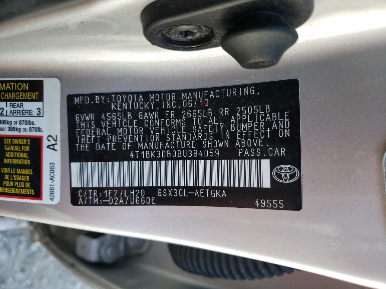 2011 Toyota Avalon VIN 4T1BK3DB0BU384059 Copart auction photo, front end / side damage thumbnail 12
