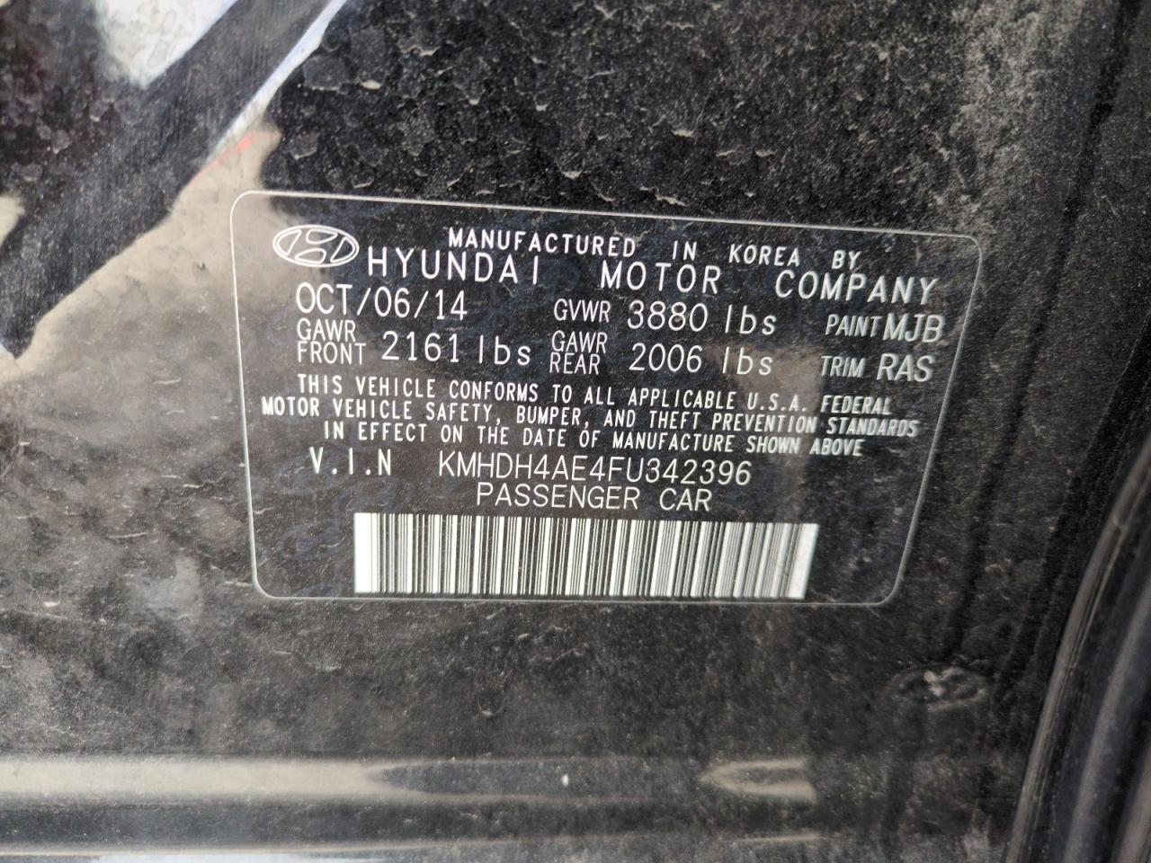 2015 Hyundai Elantra VIN KMHDH4AE4FU342396 Copart auction photo, front end damage thumbnail 12