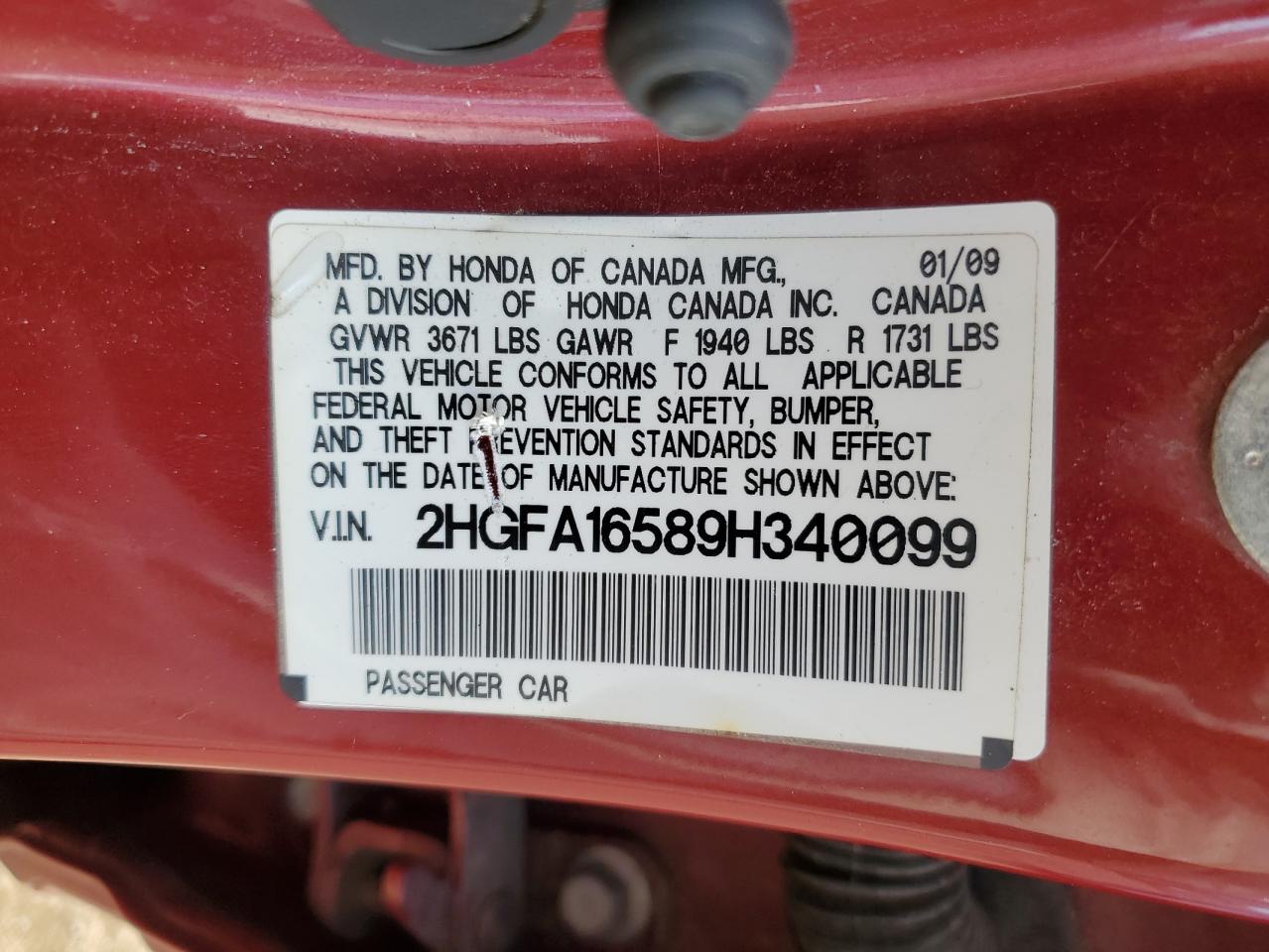 2009 Honda Civic VIN 2HGFA16589H340099 Copart auction photo, front end / rear end damage thumbnail 12