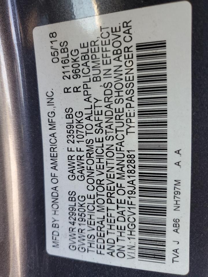2018 Honda Accord VIN 1HGCV1F19JA182881 Copart auction photo, rear end damage thumbnail 14