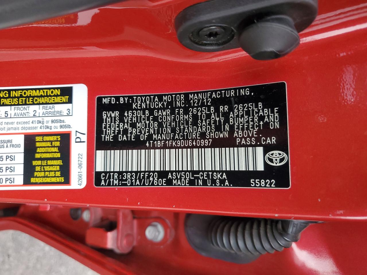 2013 Toyota Camry VIN 4T1BF1FK9DU640997 Copart auction photo, front end damage thumbnail 14