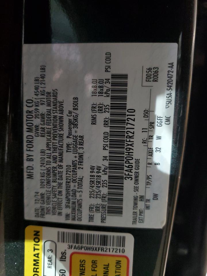 2015 Ford Fusion VIN 3FA6P0H9XFR217210 Copart auction photo, front end / minor dent/scratches damage thumbnail 12