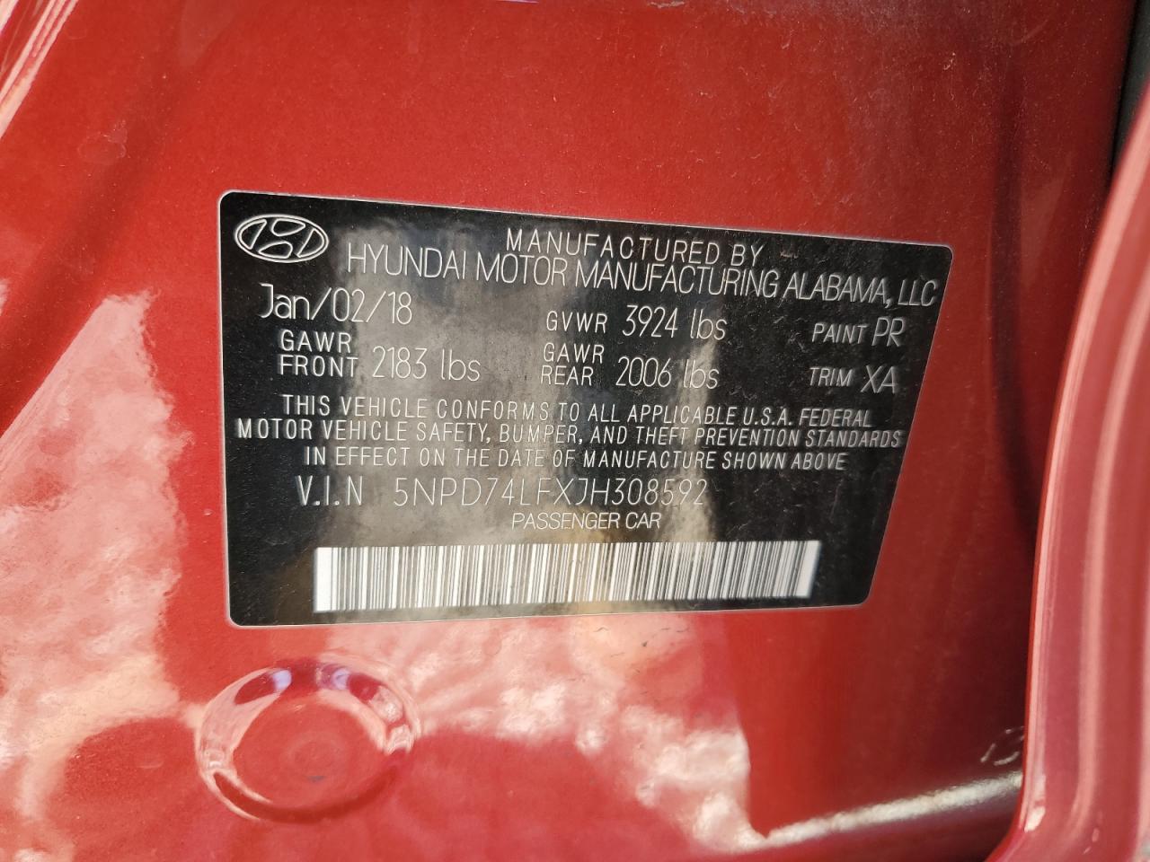 2018 Hyundai Elantra VIN 5NPD74LFXJH308592 Copart auction photo, front end damage thumbnail 15