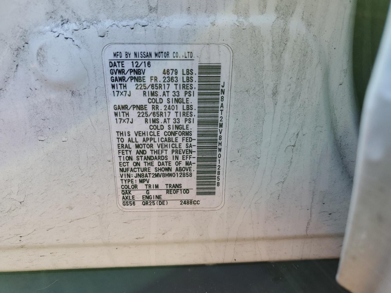2017 Nissan Rogue VIN JN8AT2MV8HW012858 Copart auction photo, front end damage thumbnail 16