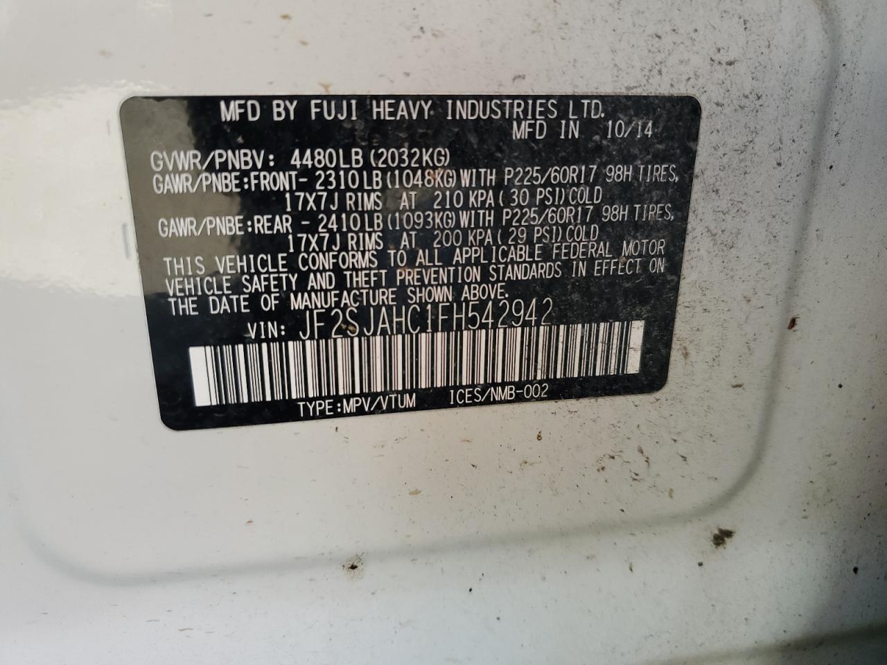 2015 Subaru Forester VIN JF2SJAHC1FH542942 Copart auction photo, front end damage thumbnail 13